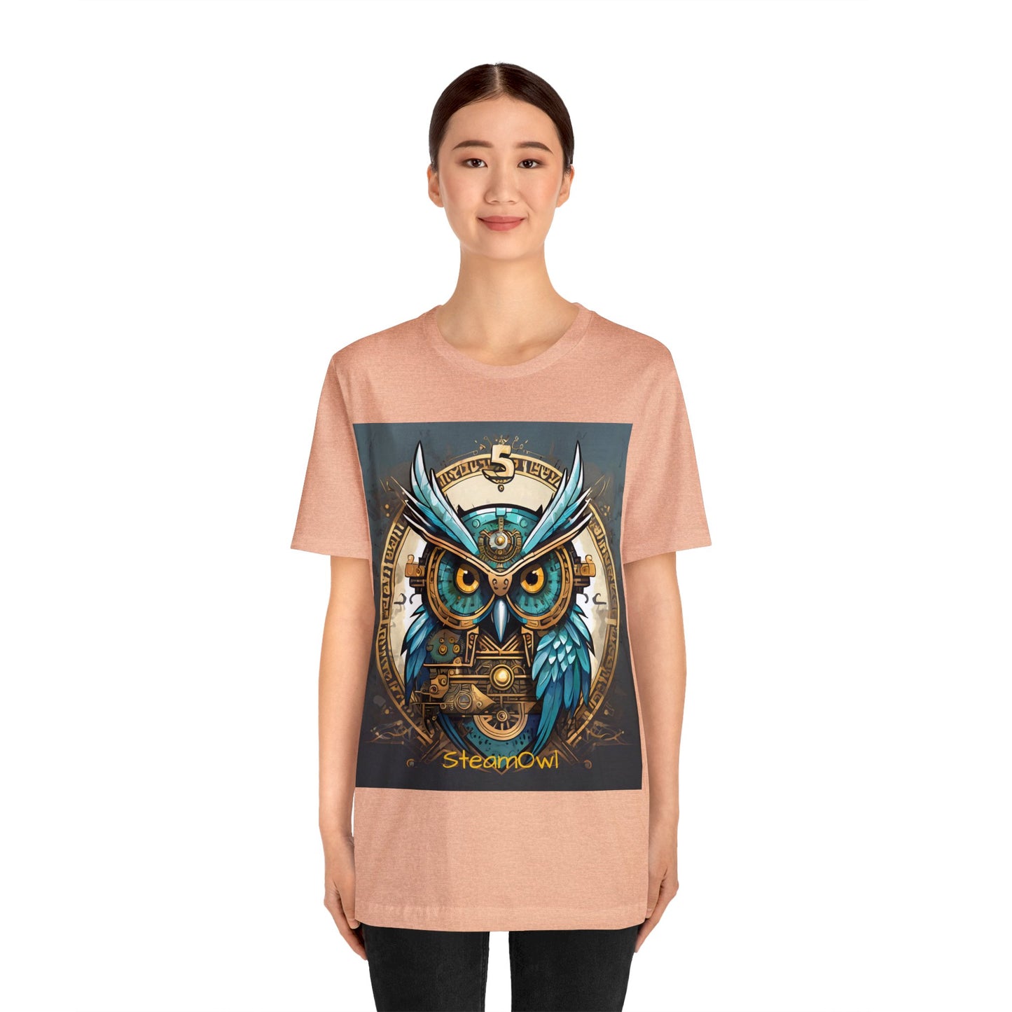 Unisex adult Jersey Short Sleeve Tee Steampunk Owl Mechanical Feathers Attire t shirt