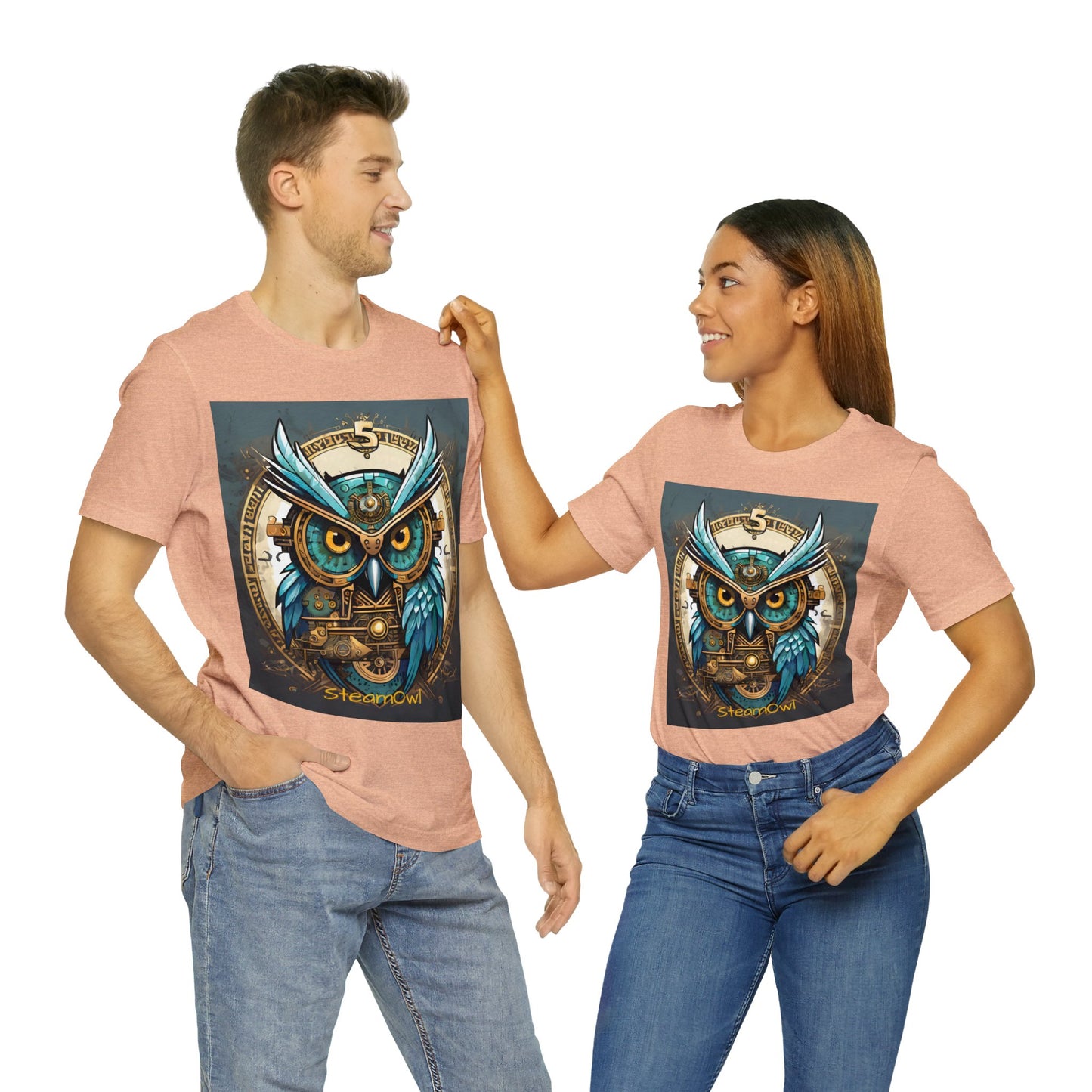 Unisex adult Jersey Short Sleeve Tee Steampunk Owl Mechanical Feathers Attire t shirt