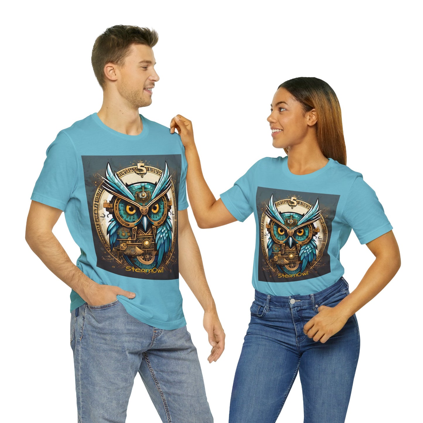 Unisex adult Jersey Short Sleeve Tee Steampunk Owl Mechanical Feathers Attire t shirt