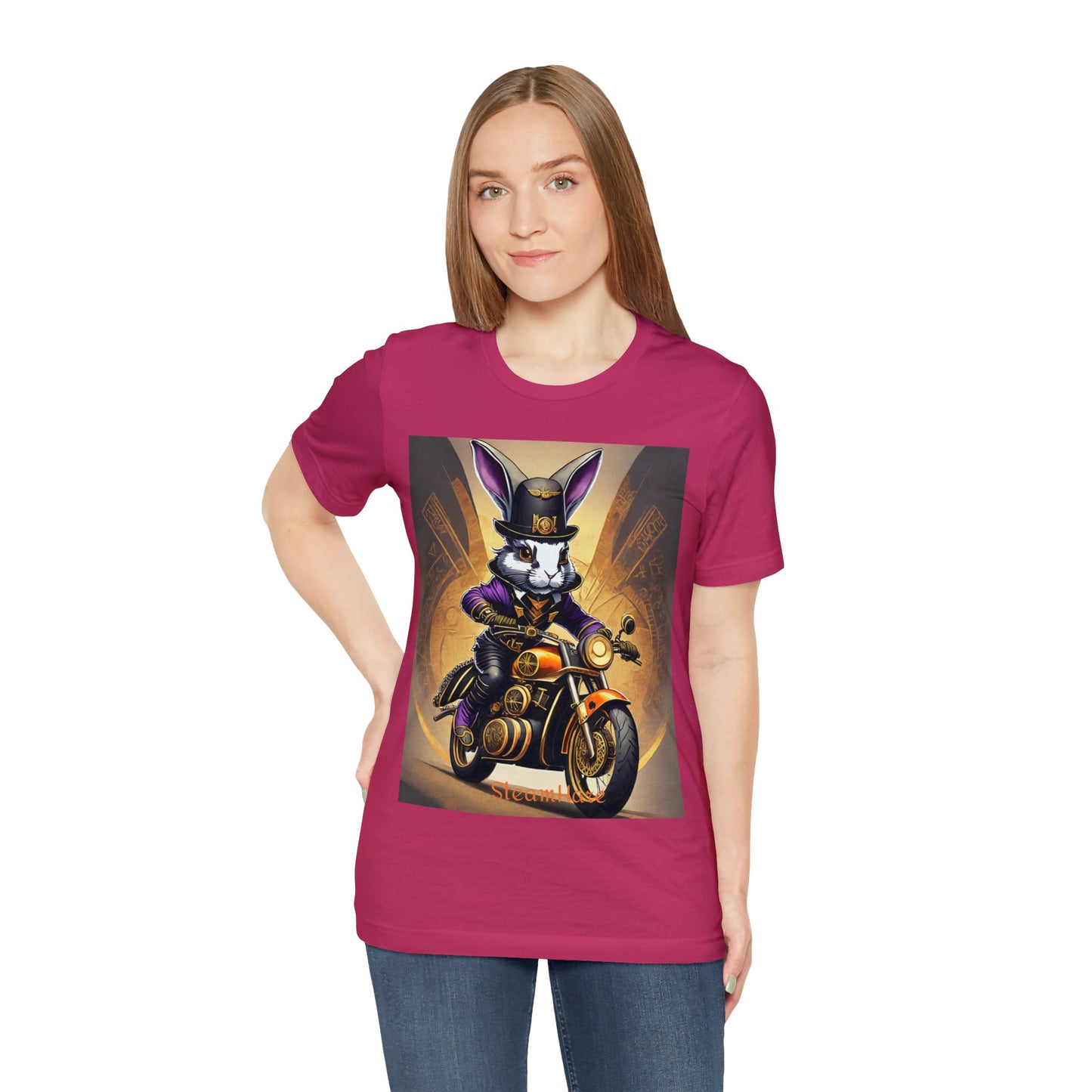 Unisex Adult Jersey Short Sleeve Tee SteamPunk Hare Motorcycle tshirt