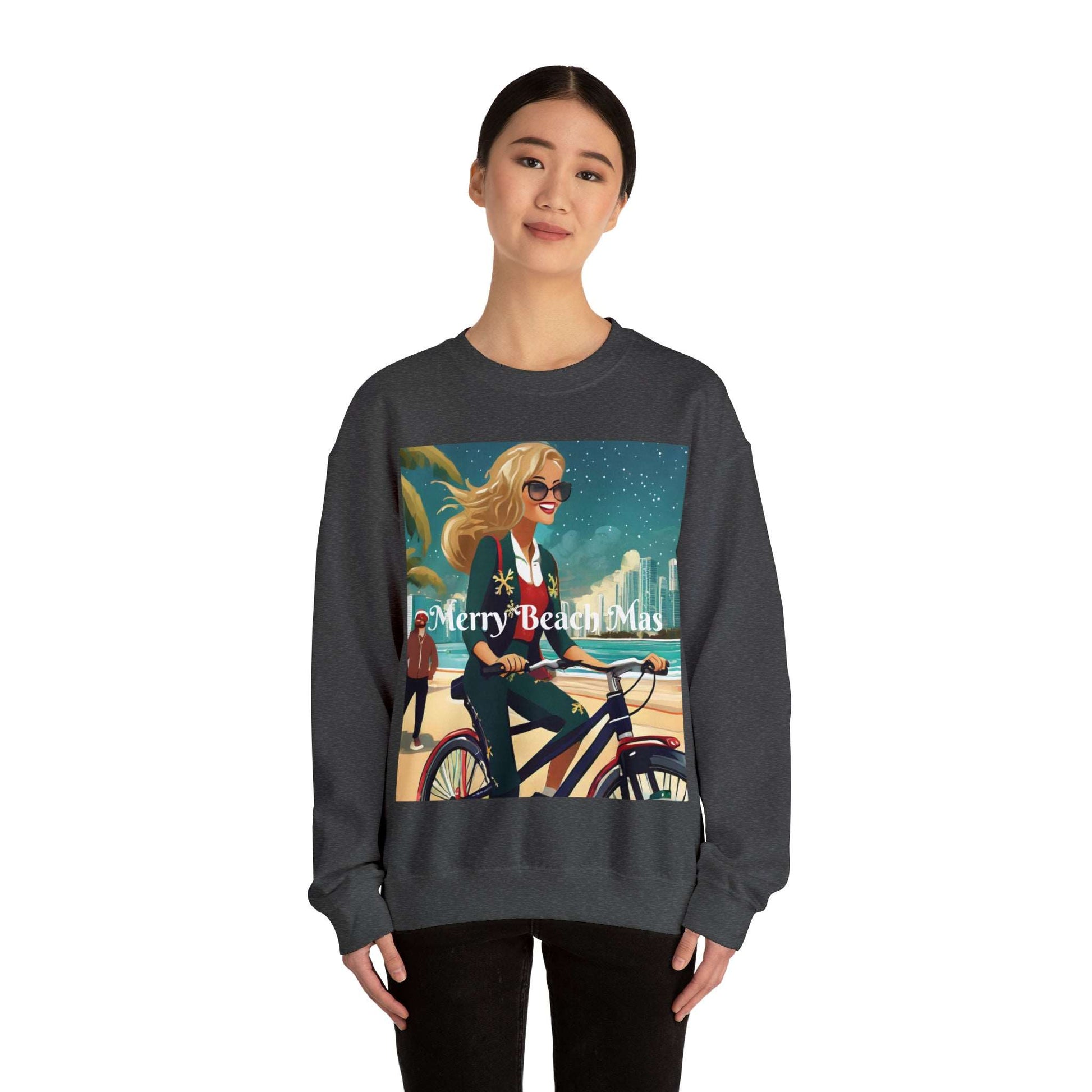 Merry Beach Mas City Electric Bicycle Woman's Heavy Blend™ Crewneck Sweatshirt