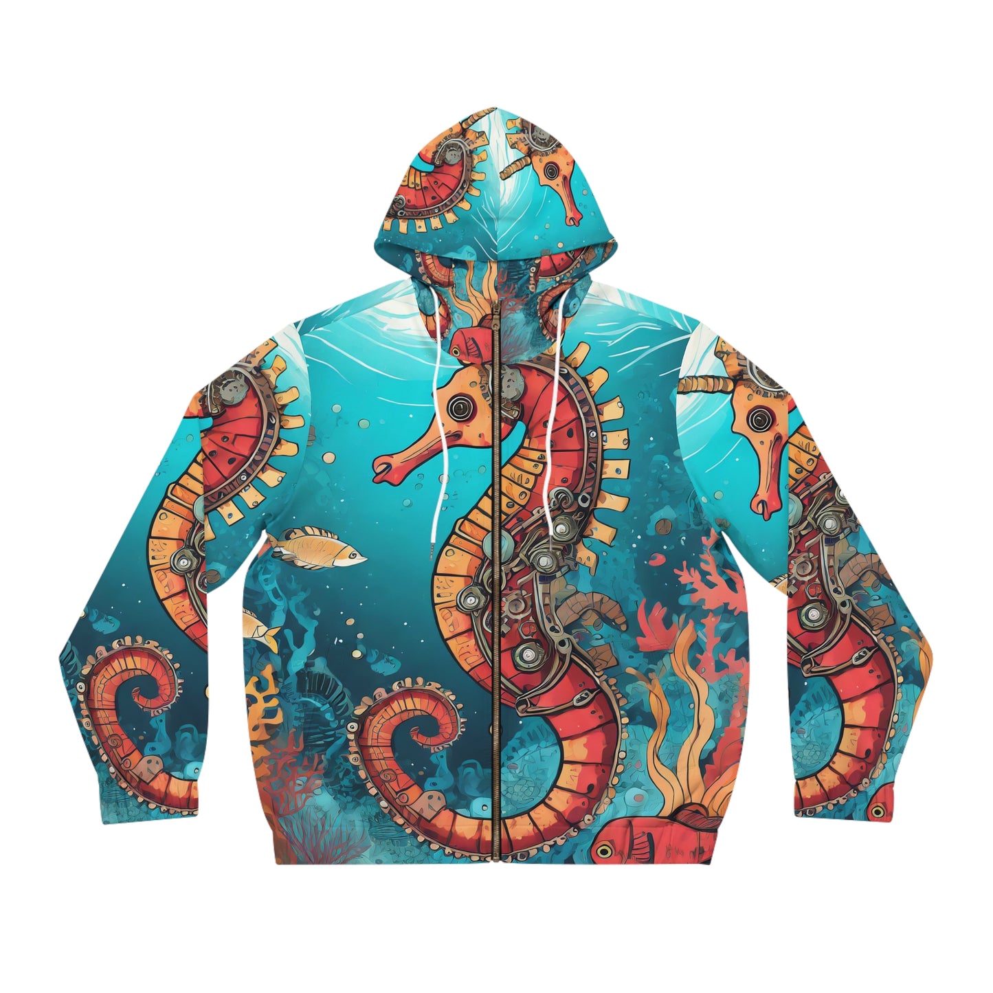 Unisex adult Full-Zip Hoodie (AOP) Steampunk Seahorse gematria Green