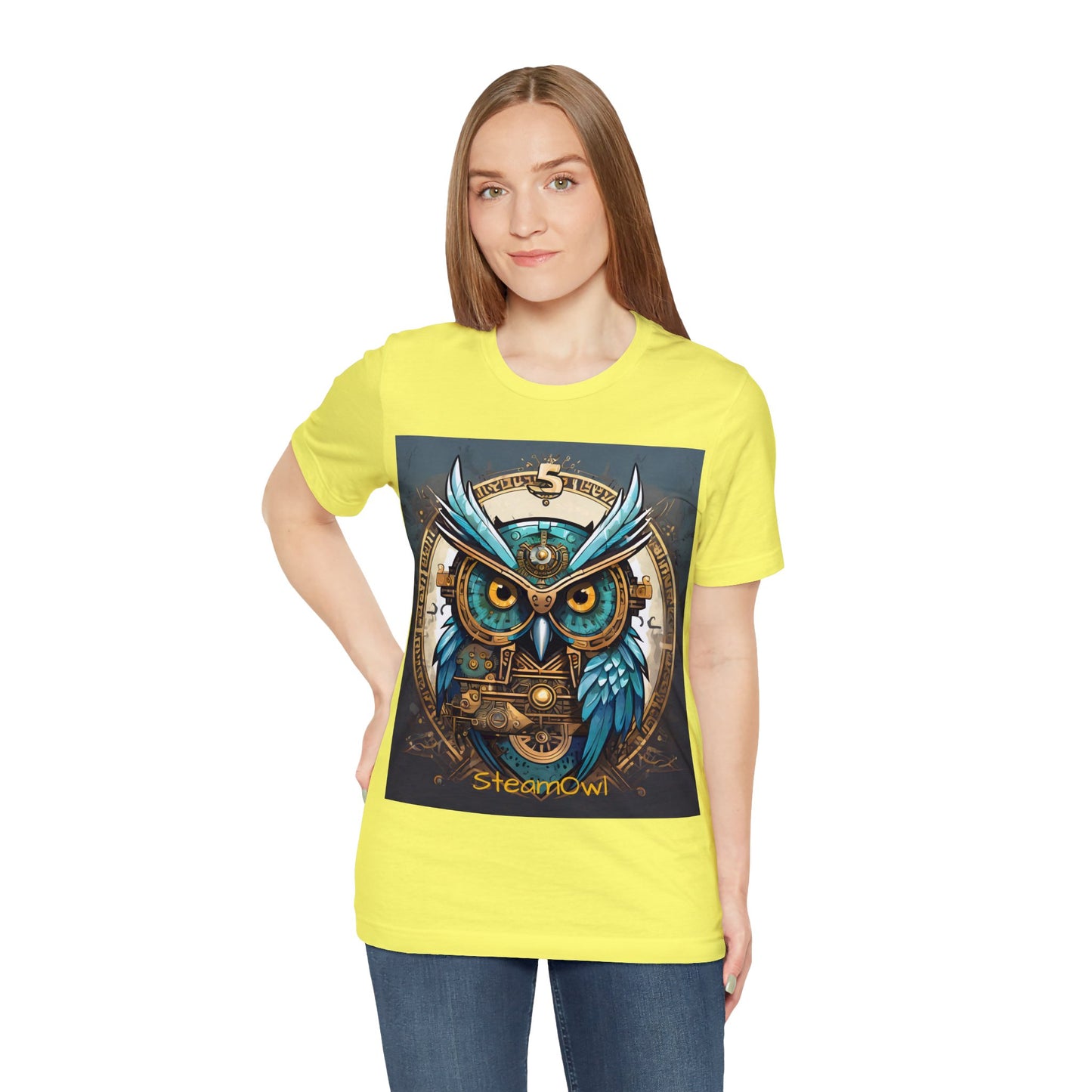 Unisex adult Jersey Short Sleeve Tee Steampunk Owl Mechanical Feathers Attire t shirt