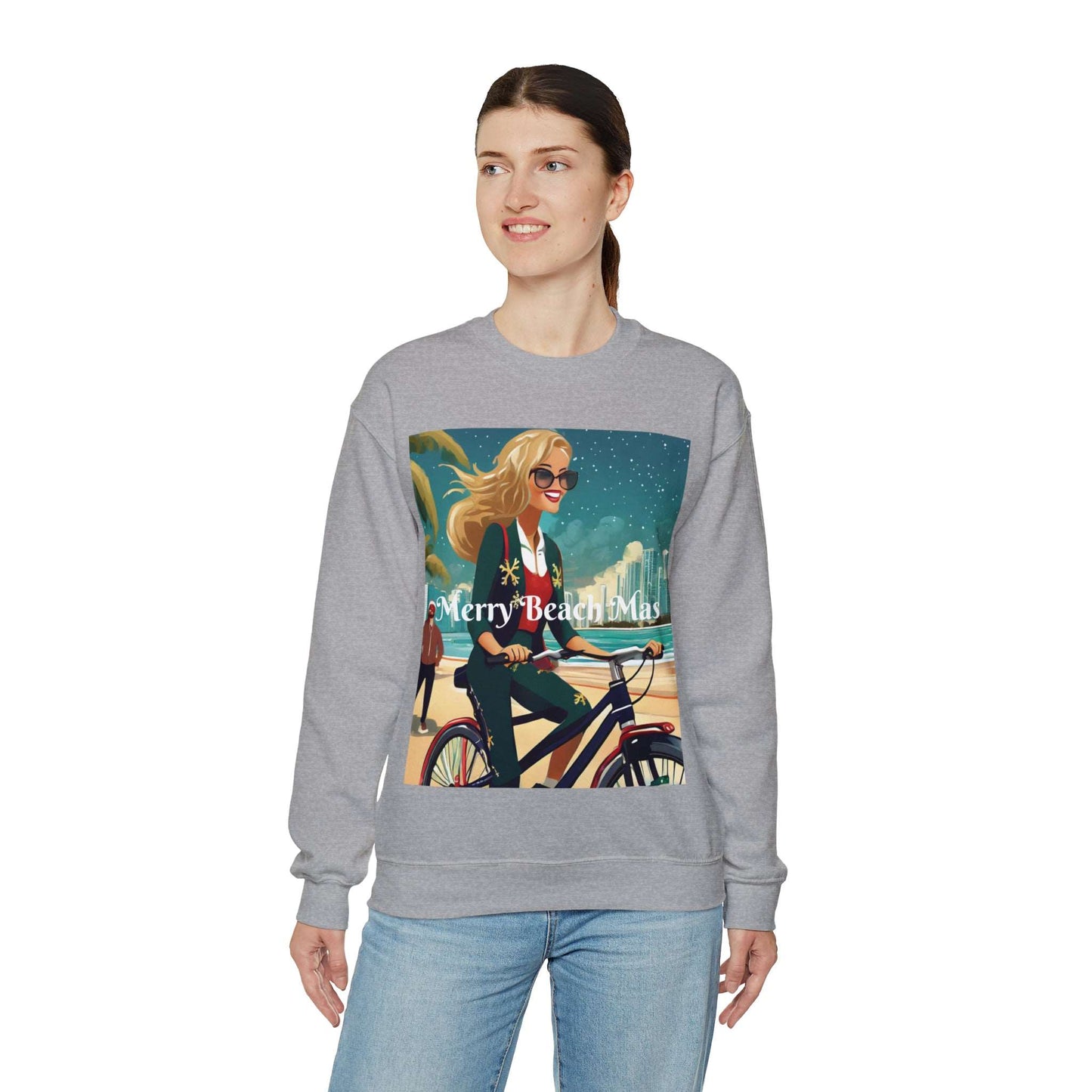 Merry Beach Mas City Electric Bicycle Woman's Heavy Blend™ Crewneck Sweatshirt