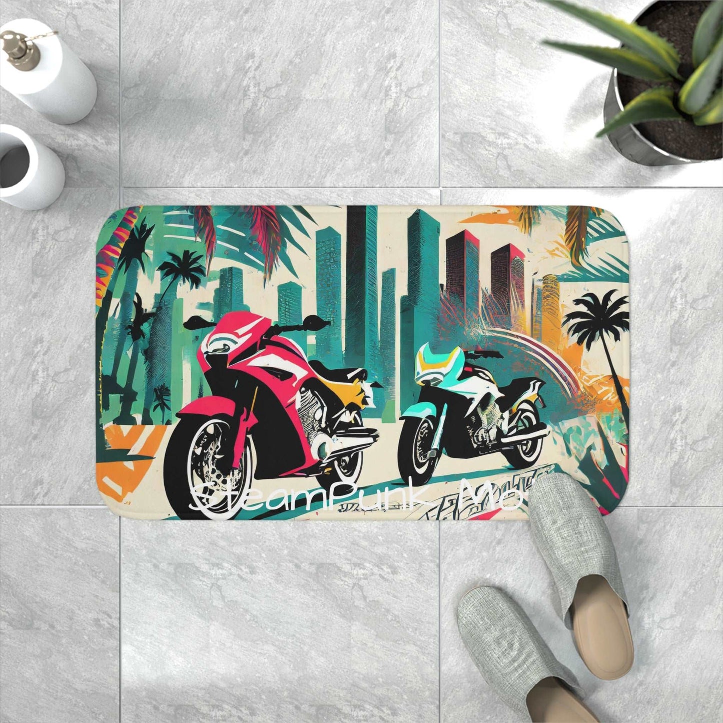 SteamPunk Moto Miami Beach City Riding Memory Foam Bath Mat