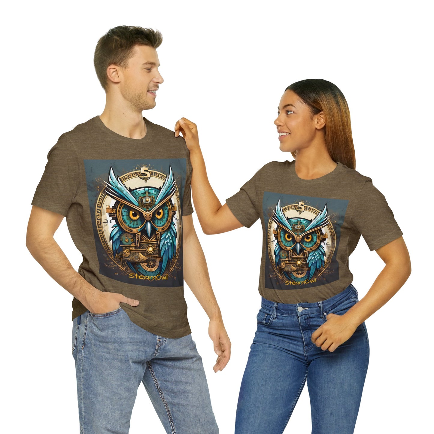 Unisex adult Jersey Short Sleeve Tee Steampunk Owl Mechanical Feathers Attire t shirt