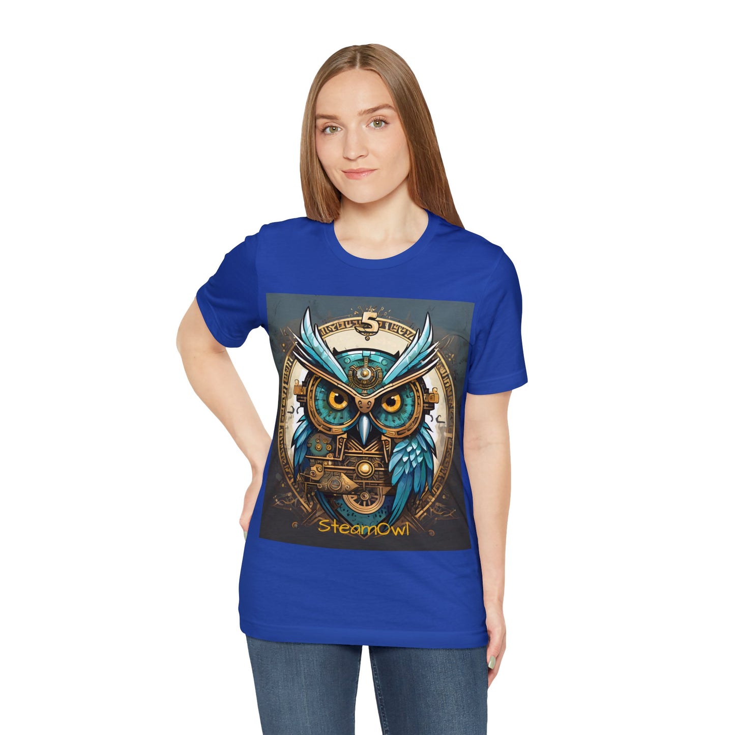 Unisex adult Jersey Short Sleeve Tee Steampunk Owl Mechanical Feathers Attire t shirt