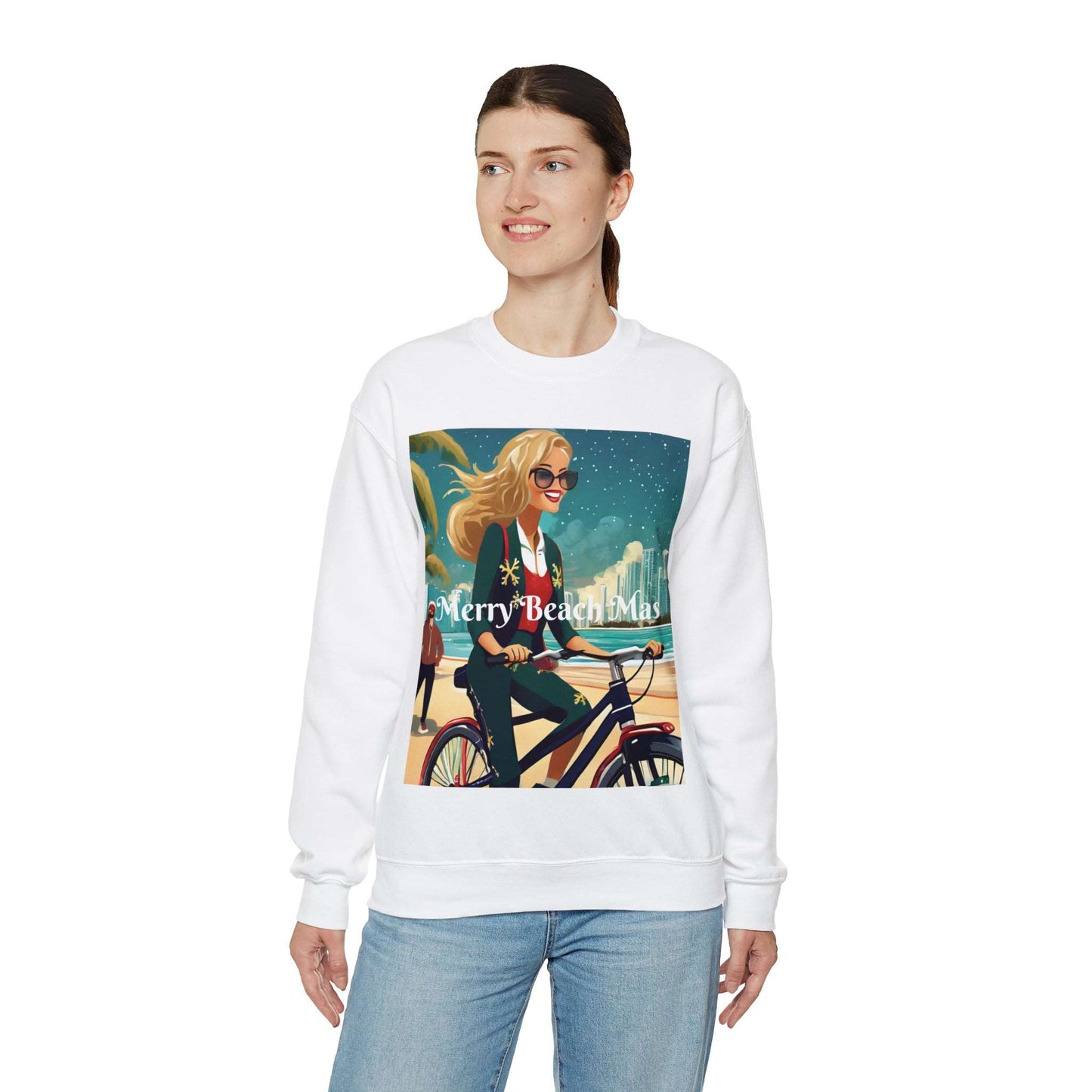 Merry Beach Mas City Electric Bicycle Woman's Heavy Blend™ Crewneck Sweatshirt