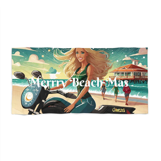 Merry Beach Blonde bombshell MotoBabe Christmas Beach Towel