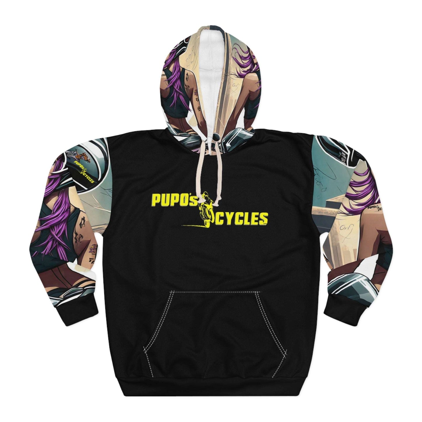 Unisex Pullover Hoodie AOP Tattooed Steam Punk Moto Babe Pupo's Cycles