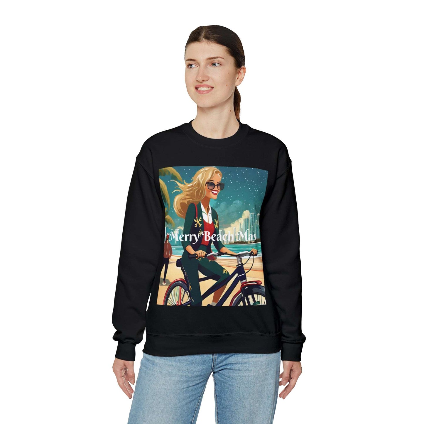 Merry Beach Mas City Electric Bicycle Woman's Heavy Blend™ Crewneck Sweatshirt