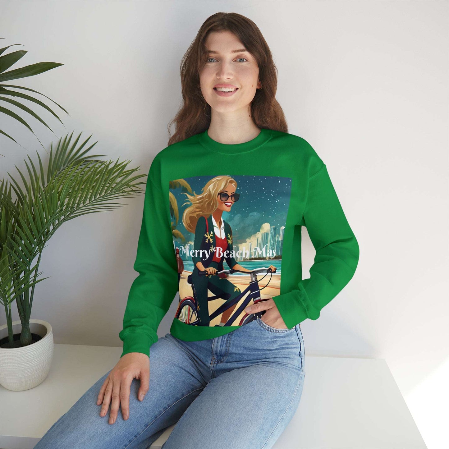 Merry Beach Mas City Electric Bicycle Woman's Heavy Blend™ Crewneck Sweatshirt