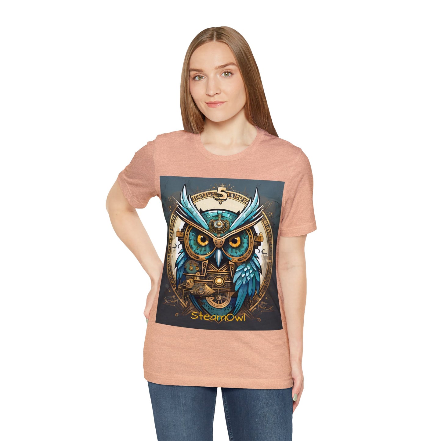 Unisex adult Jersey Short Sleeve Tee Steampunk Owl Mechanical Feathers Attire t shirt