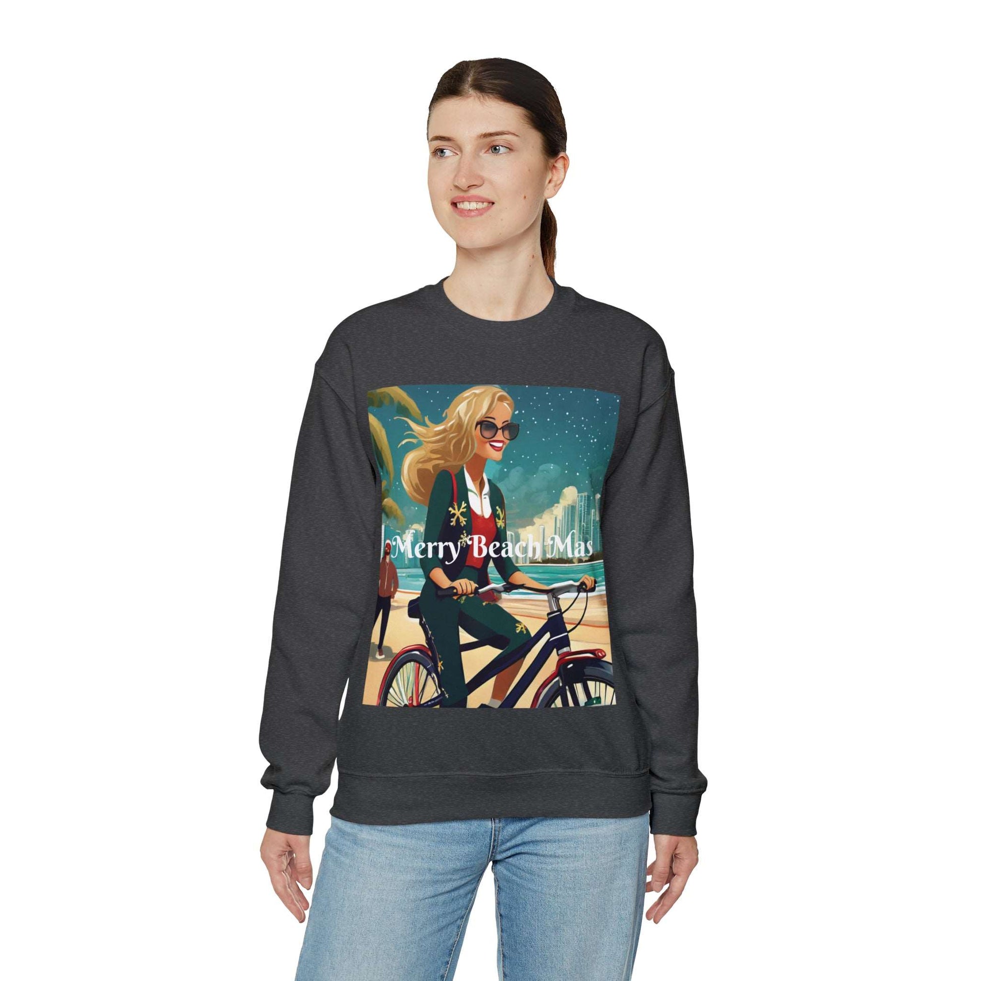 Merry Beach Mas City Electric Bicycle Woman's Heavy Blend™ Crewneck Sweatshirt