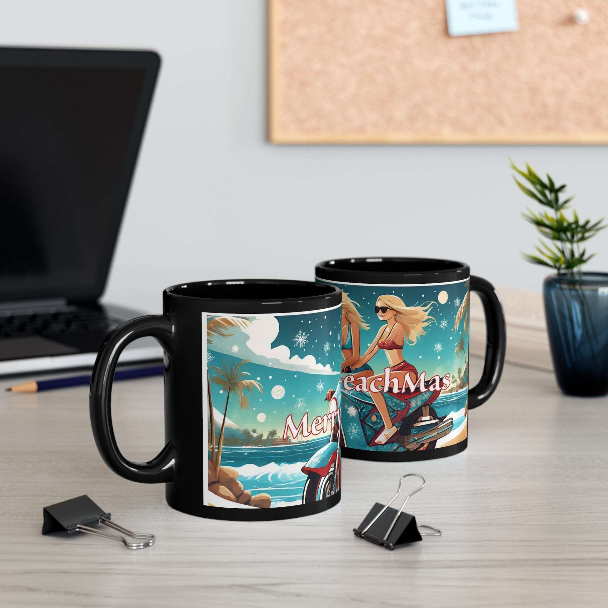 Introducing the Merry Beach Mas on a Motorcycle 11oz Black Ceramic Mug