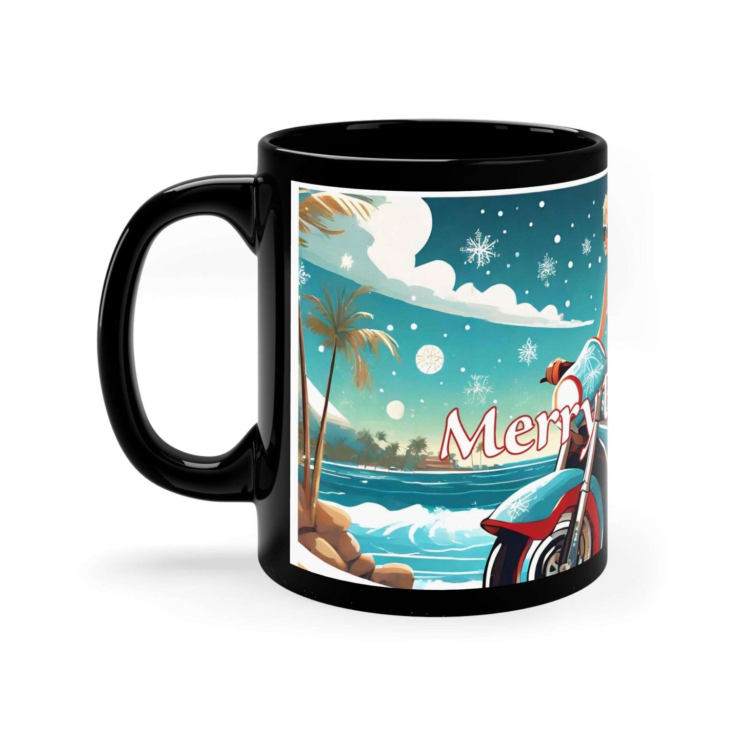 Introducing the Merry Beach Mas on a Motorcycle 11oz Black Ceramic Mug