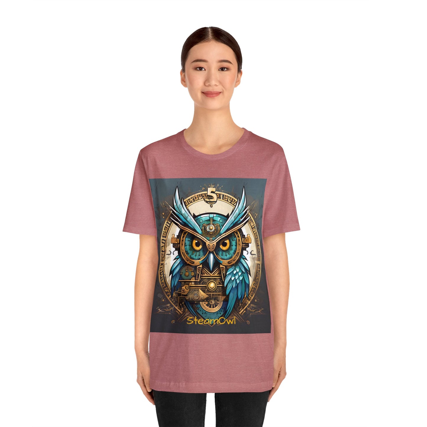 Unisex adult Jersey Short Sleeve Tee Steampunk Owl Mechanical Feathers Attire t shirt