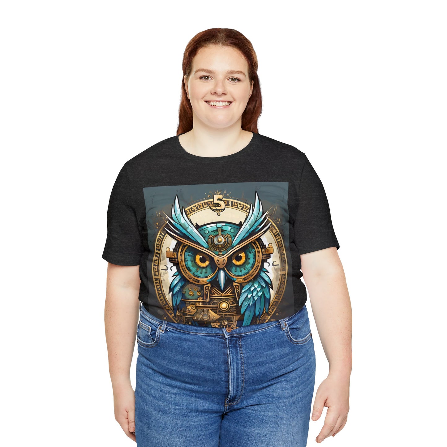 Unisex adult Jersey Short Sleeve Tee Steampunk Owl Mechanical Feathers Attire t shirt