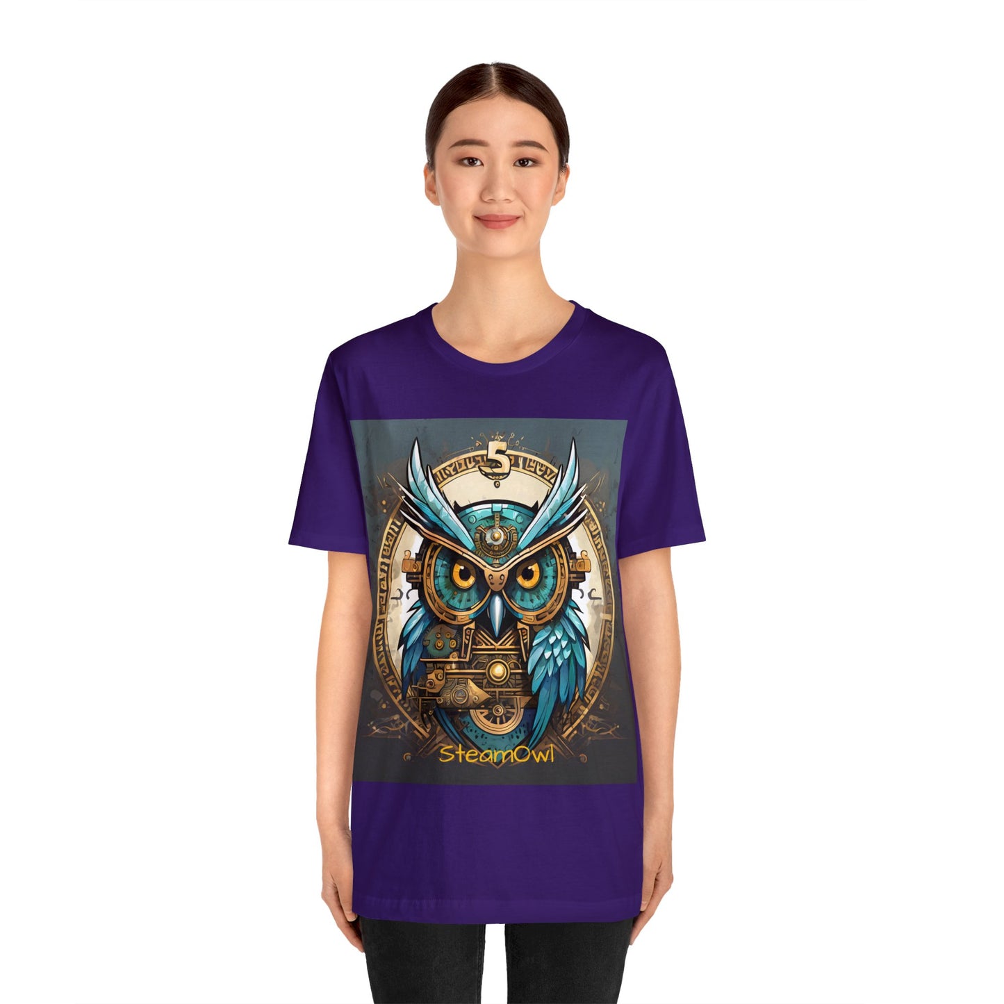 Unisex adult Jersey Short Sleeve Tee Steampunk Owl Mechanical Feathers Attire t shirt