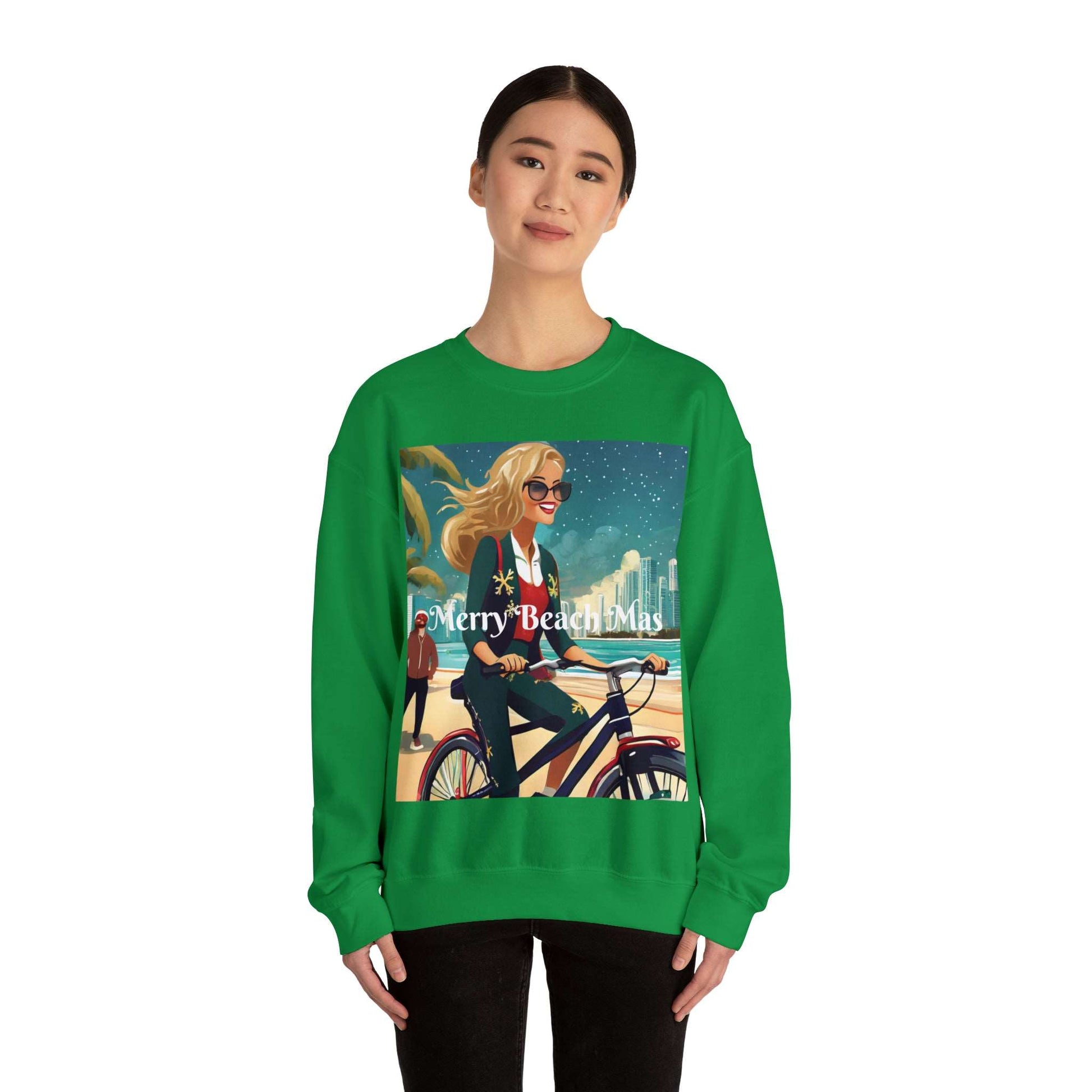 Merry Beach Mas City Electric Bicycle Woman's Heavy Blend™ Crewneck Sweatshirt