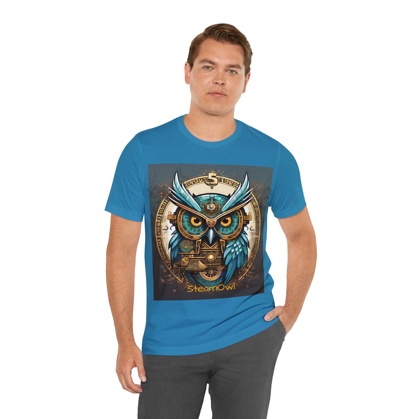 Unisex adult Jersey Short Sleeve Tee Steampunk Owl Mechanical Feathers Attire t shirt