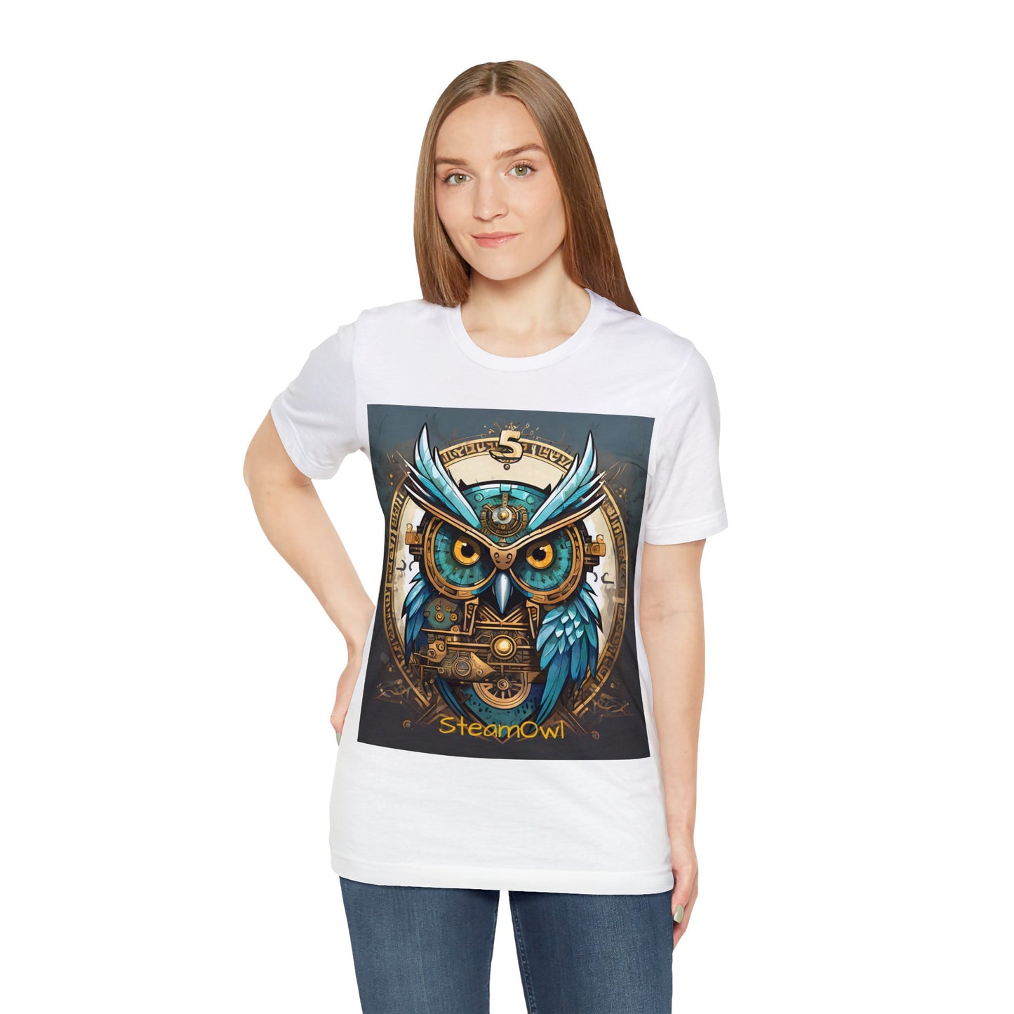 Unisex adult Jersey Short Sleeve Tee Steampunk Owl Mechanical Feathers Attire t shirt