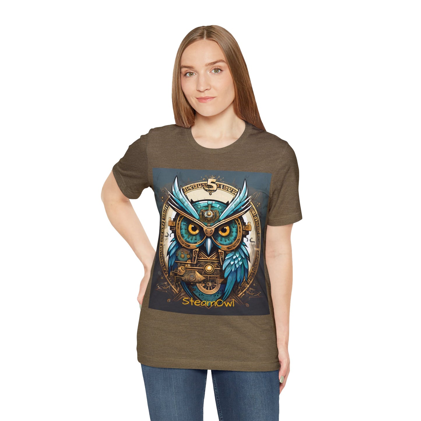 Unisex adult Jersey Short Sleeve Tee Steampunk Owl Mechanical Feathers Attire t shirt