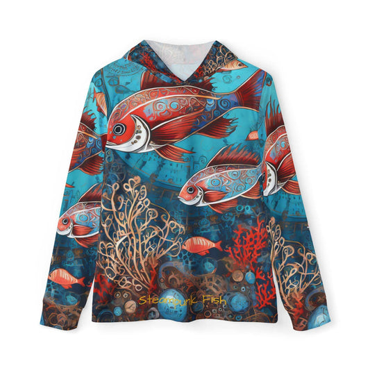 Discover the allure of our Steampunk Fish Gematria Red personalized outdoor hoodies
