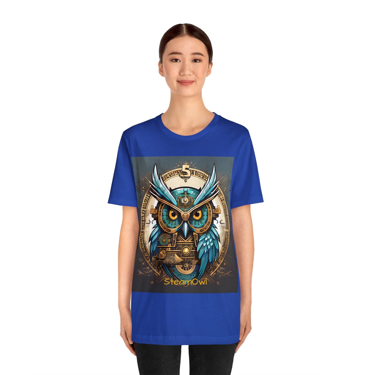 Unisex adult Jersey Short Sleeve Tee Steampunk Owl Mechanical Feathers Attire t shirt