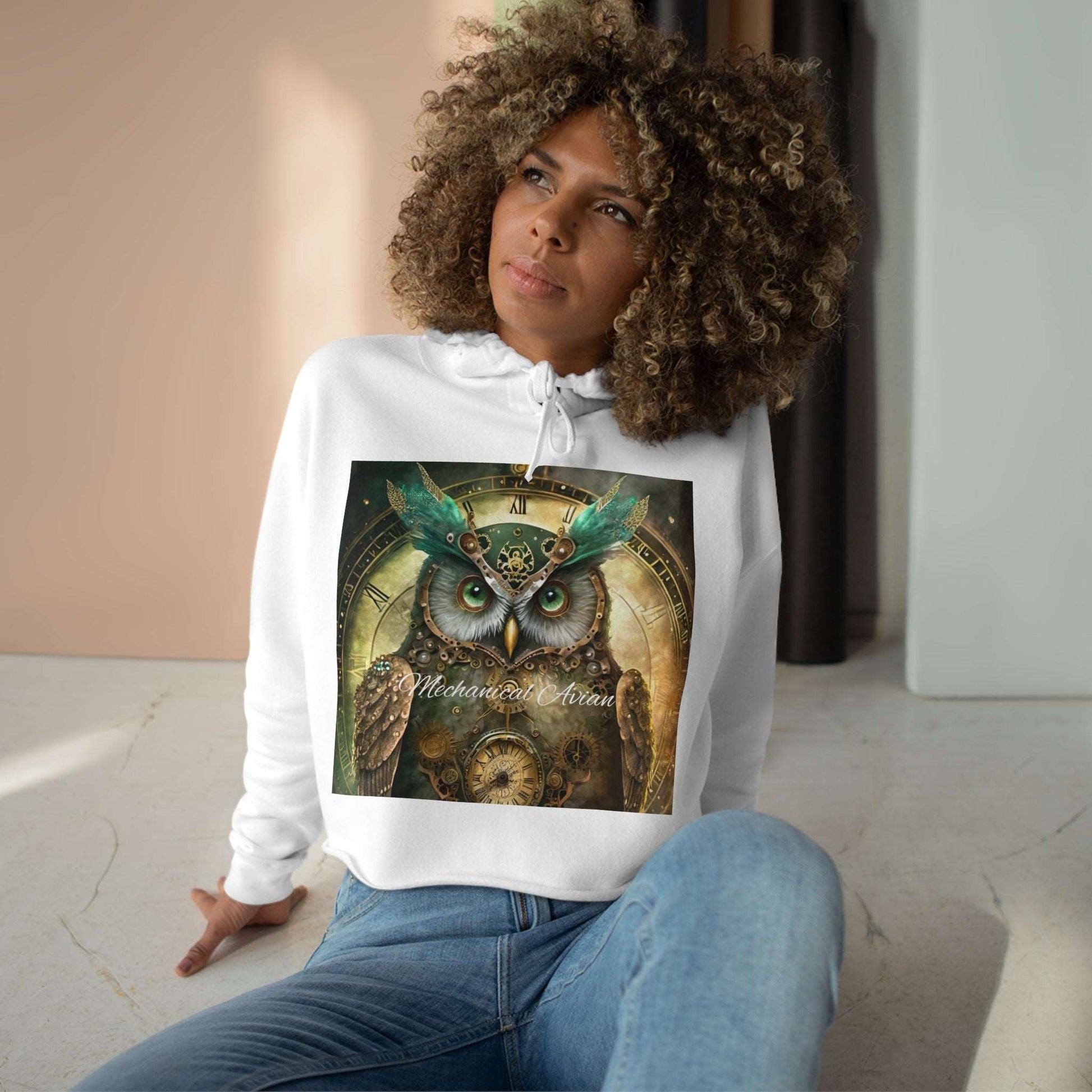 Crop top hooded sweatshirt for woman Steam punk owl Numerology Gematria Mechanical avian crop top hooded sweatshirt for woman