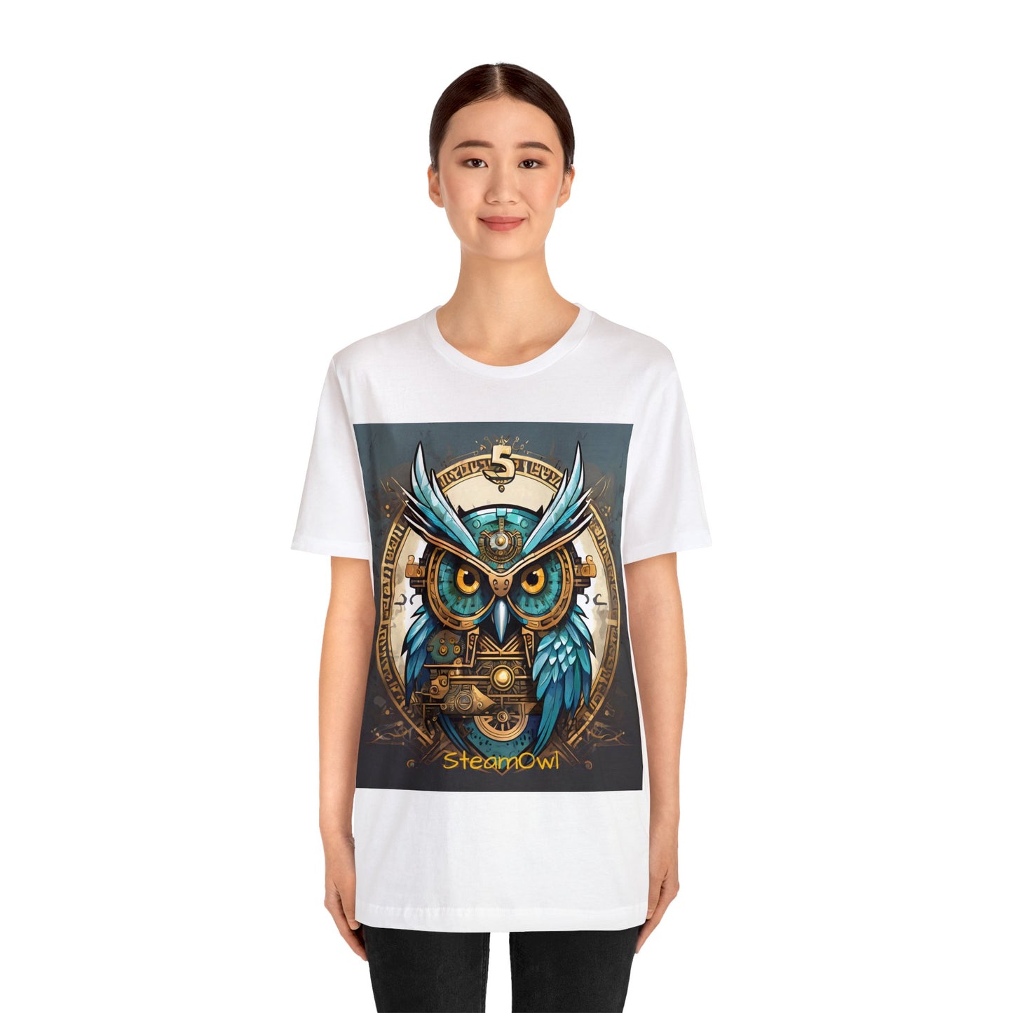 Unisex adult Jersey Short Sleeve Tee Steampunk Owl Mechanical Feathers Attire t shirt