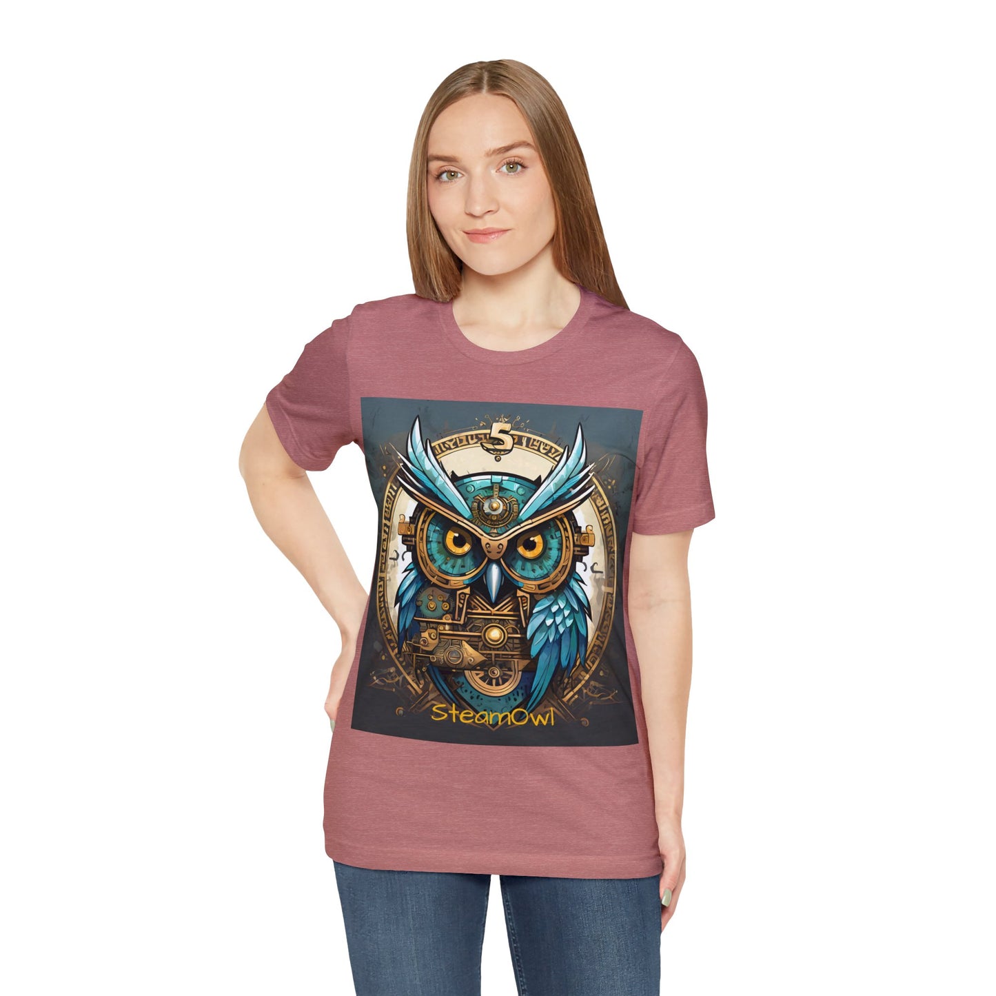 Unisex adult Jersey Short Sleeve Tee Steampunk Owl Mechanical Feathers Attire t shirt