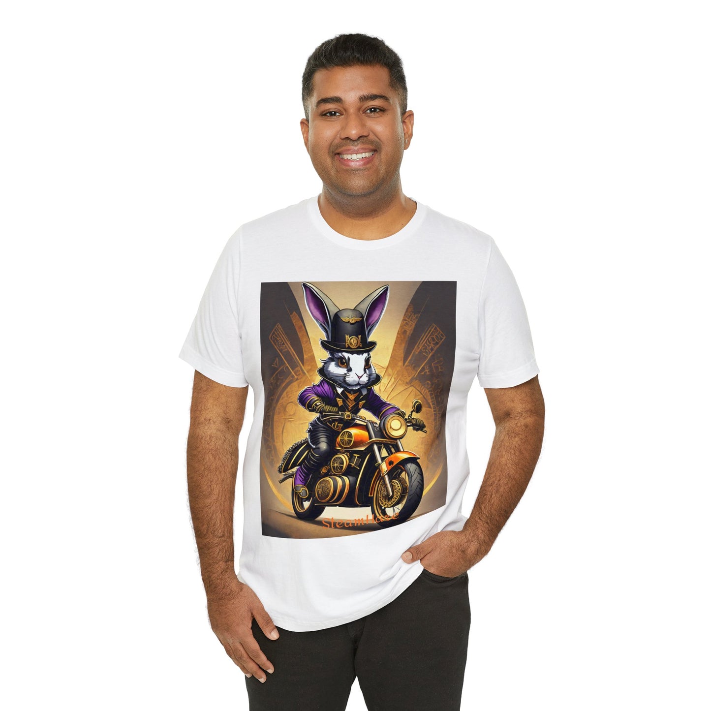 Unisex Adult Jersey Short Sleeve Tee SteamPunk Hare Motorcycle tshirt