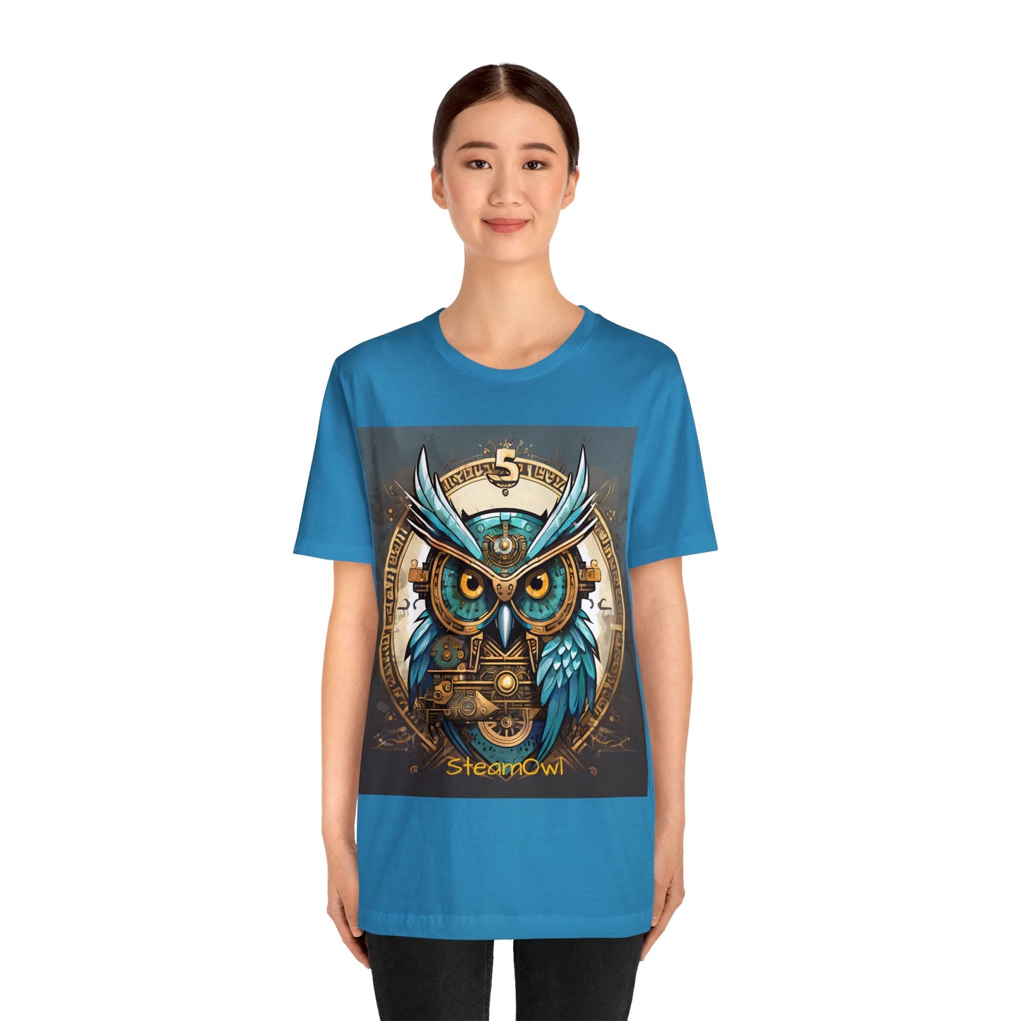 Unisex adult Jersey Short Sleeve Tee Steampunk Owl Mechanical Feathers Attire t shirt