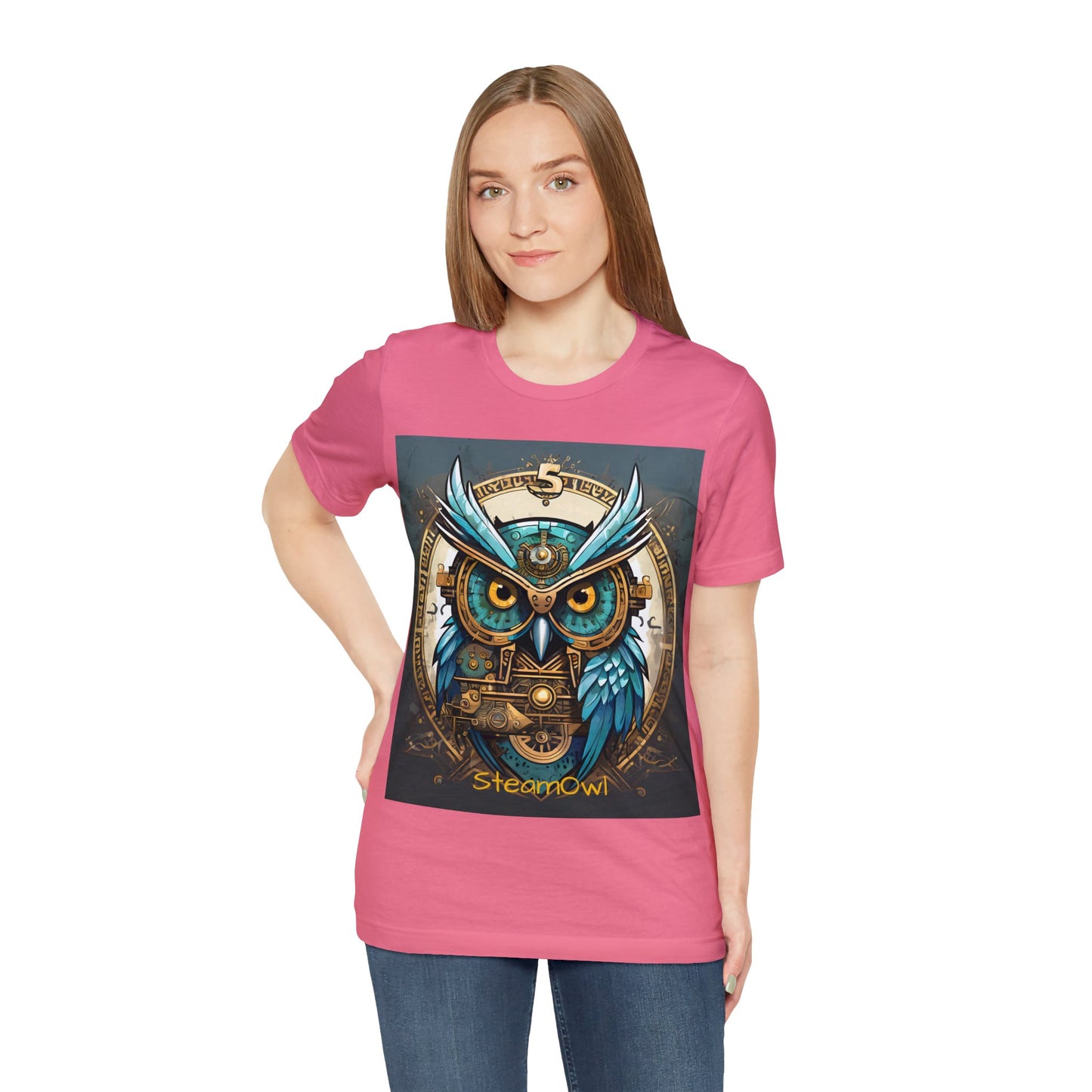 Unisex adult Jersey Short Sleeve Tee Steampunk Owl Mechanical Feathers Attire t shirt