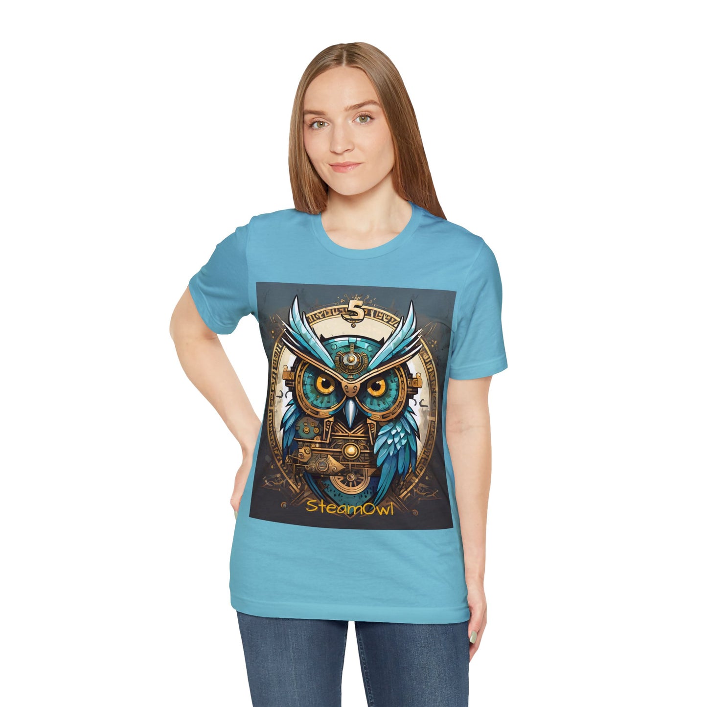 Unisex adult Jersey Short Sleeve Tee Steampunk Owl Mechanical Feathers Attire t shirt