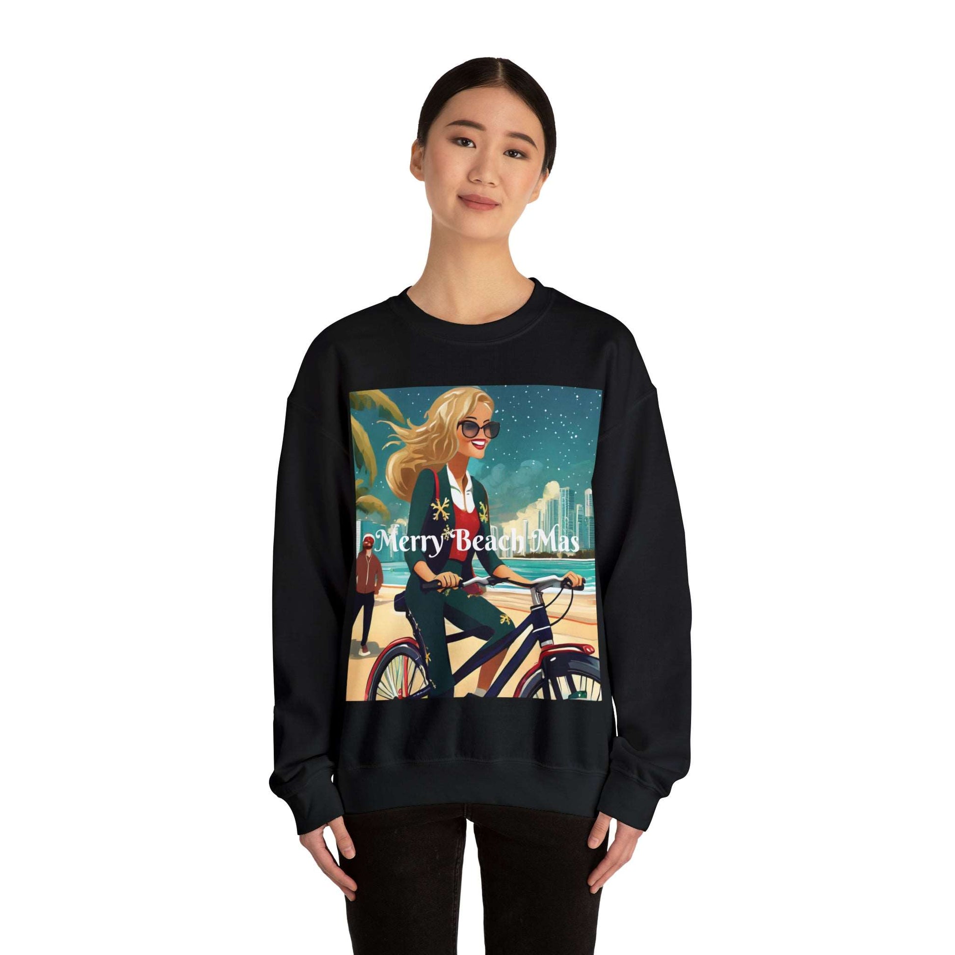 Merry Beach Mas City Electric Bicycle Woman's Heavy Blend™ Crewneck Sweatshirt