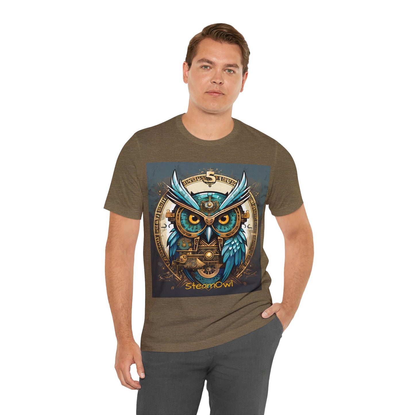 Unisex adult Jersey Short Sleeve Tee Steampunk Owl Mechanical Feathers Attire t shirt