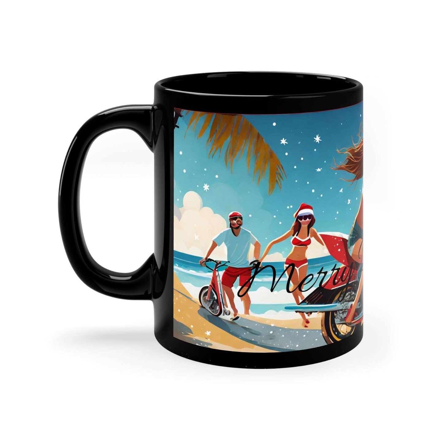 Motorcycle Babe Merry Beach Mas Christmas 11oz Black Mug