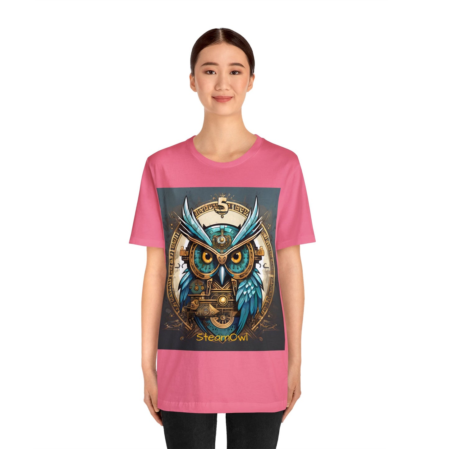 Unisex adult Jersey Short Sleeve Tee Steampunk Owl Mechanical Feathers Attire t shirt