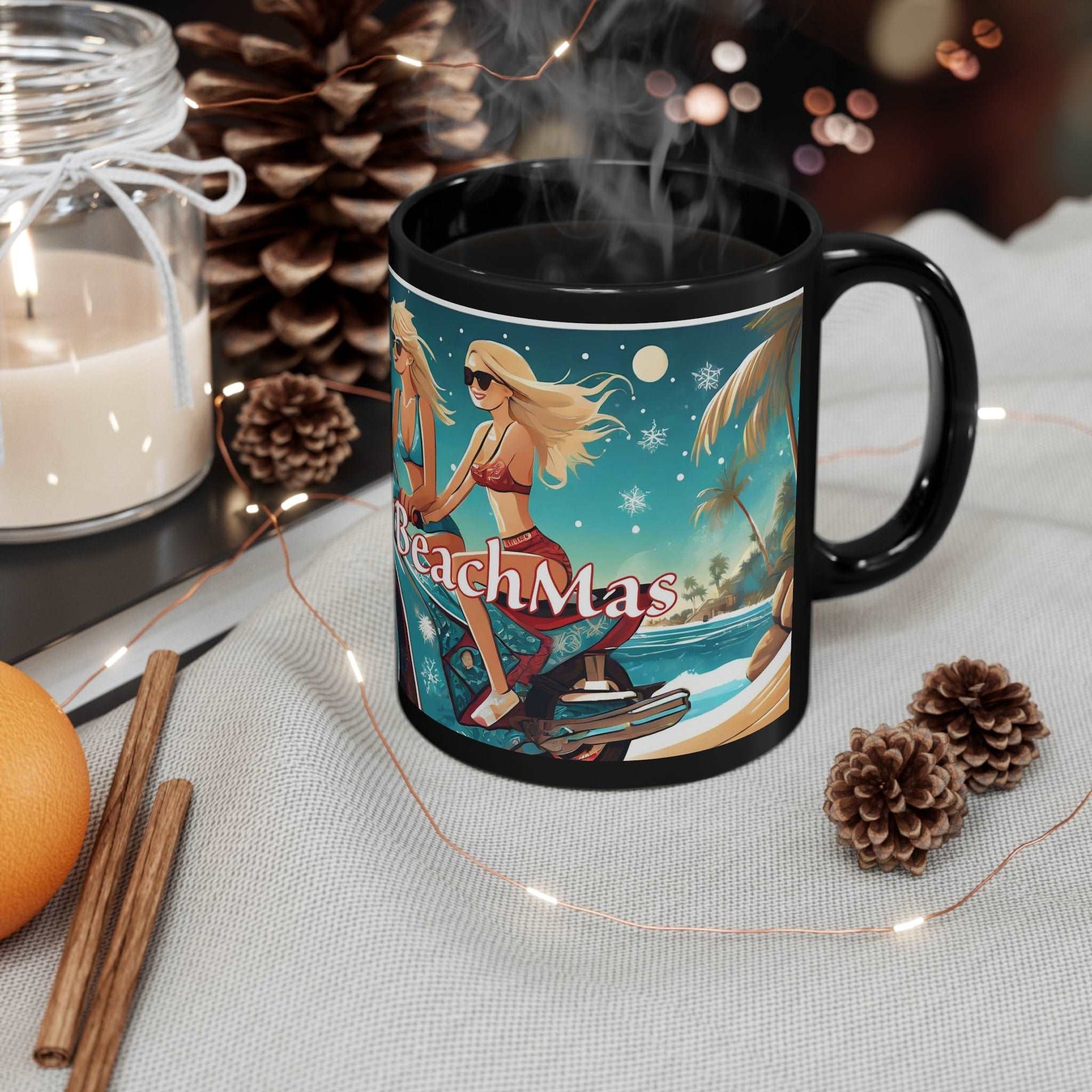 Introducing the Merry Beach Mas on a Motorcycle 11oz Black Ceramic Mug