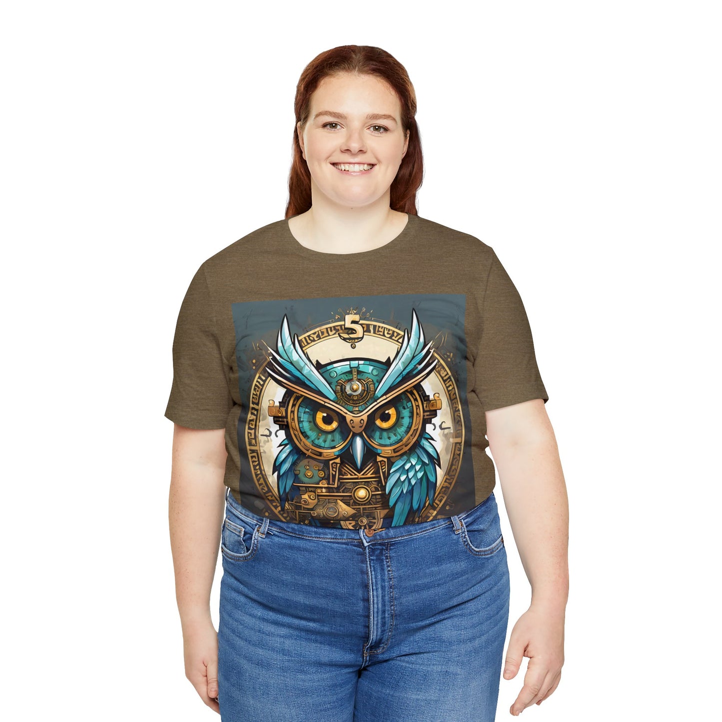 Unisex adult Jersey Short Sleeve Tee Steampunk Owl Mechanical Feathers Attire t shirt