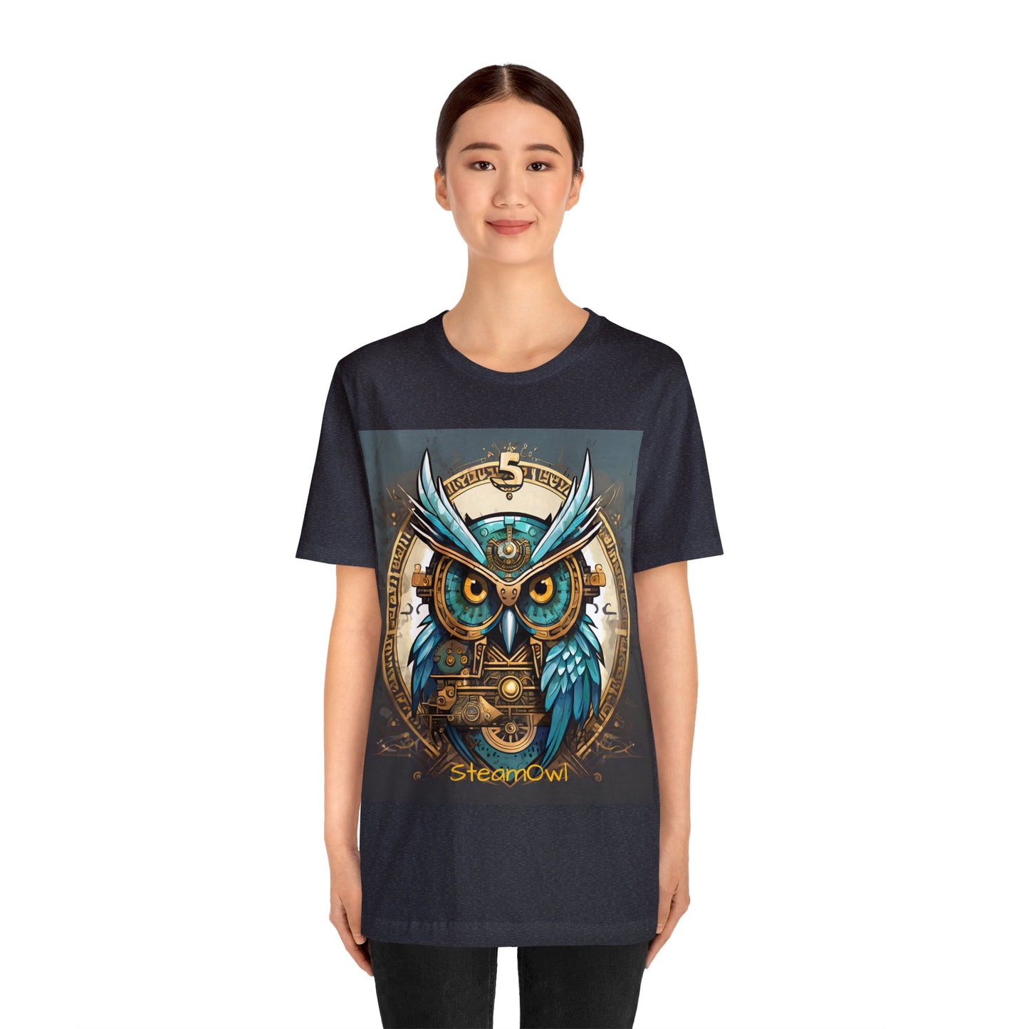 Unisex adult Jersey Short Sleeve Tee Steampunk Owl Mechanical Feathers Attire t shirt