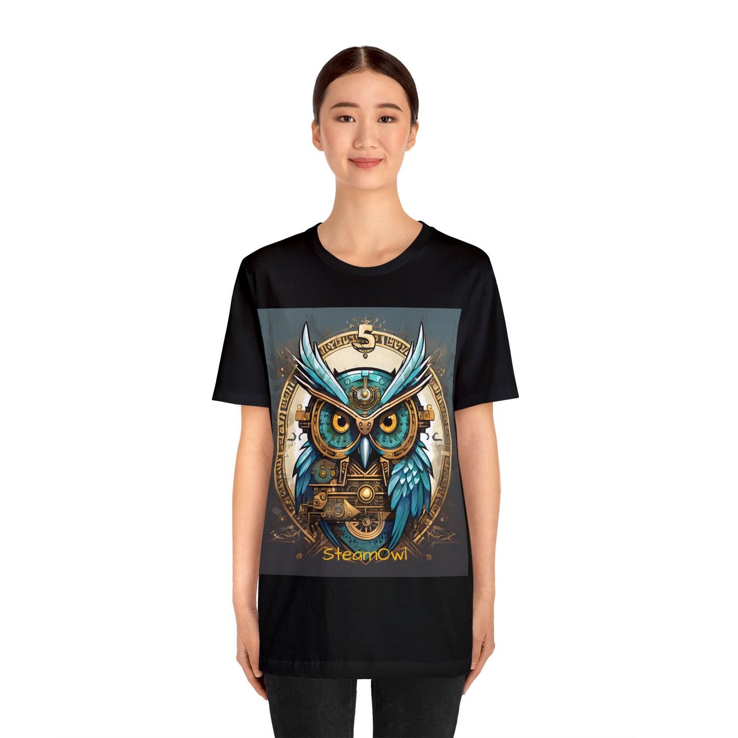 Unisex adult Jersey Short Sleeve Tee Steampunk Owl Mechanical Feathers Attire t shirt