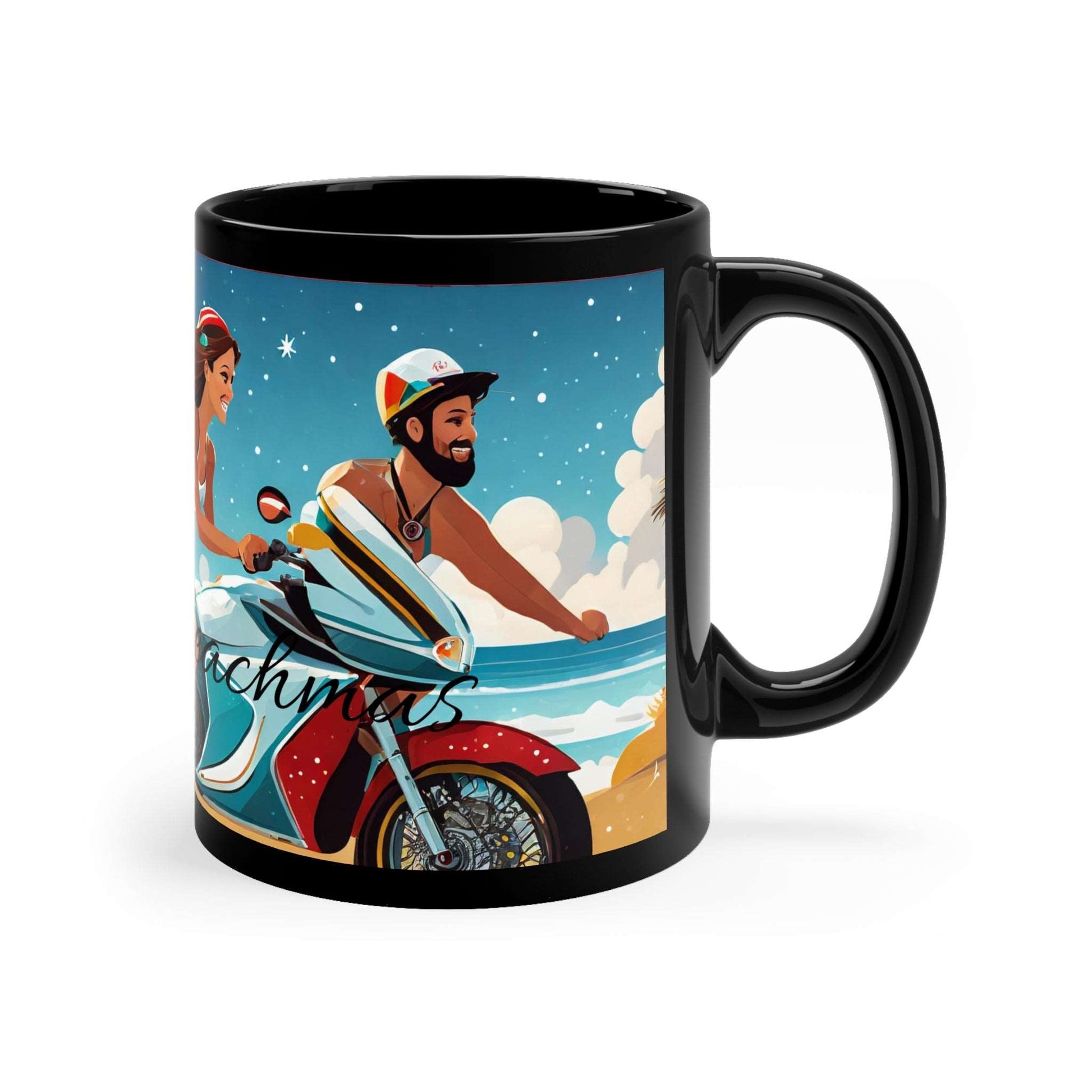 Motorcycle Babe Merry Beach Mas Christmas 11oz Black Mug