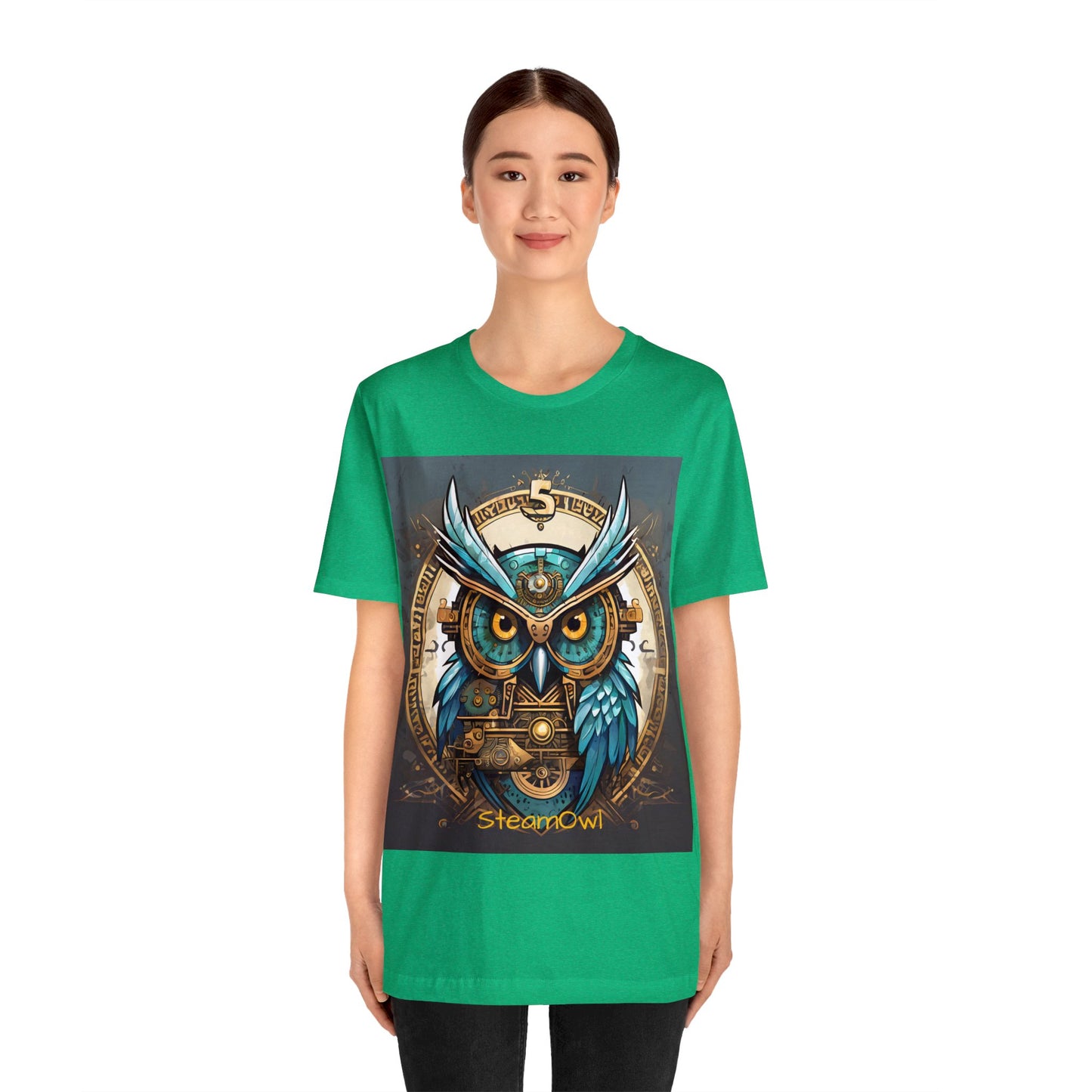 Unisex adult Jersey Short Sleeve Tee Steampunk Owl Mechanical Feathers Attire t shirt