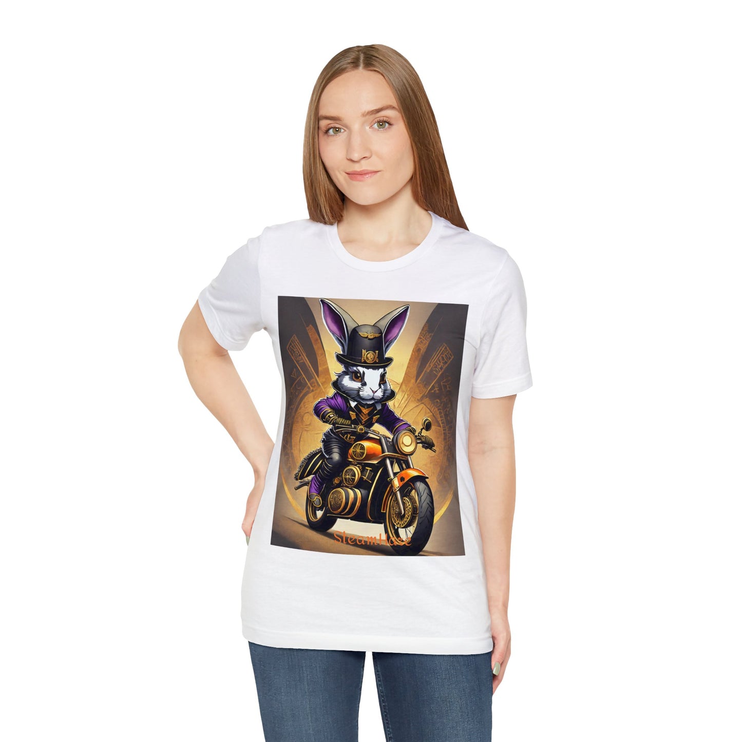 Unisex Adult Jersey Short Sleeve Tee SteamPunk Hare Motorcycle tshirt