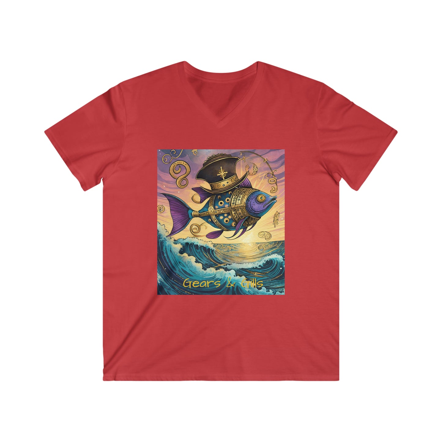 Unisex Adult Fitted V-Neck Short Sleeve Tee Gear & Gills: A Steampunk gematria Fishery