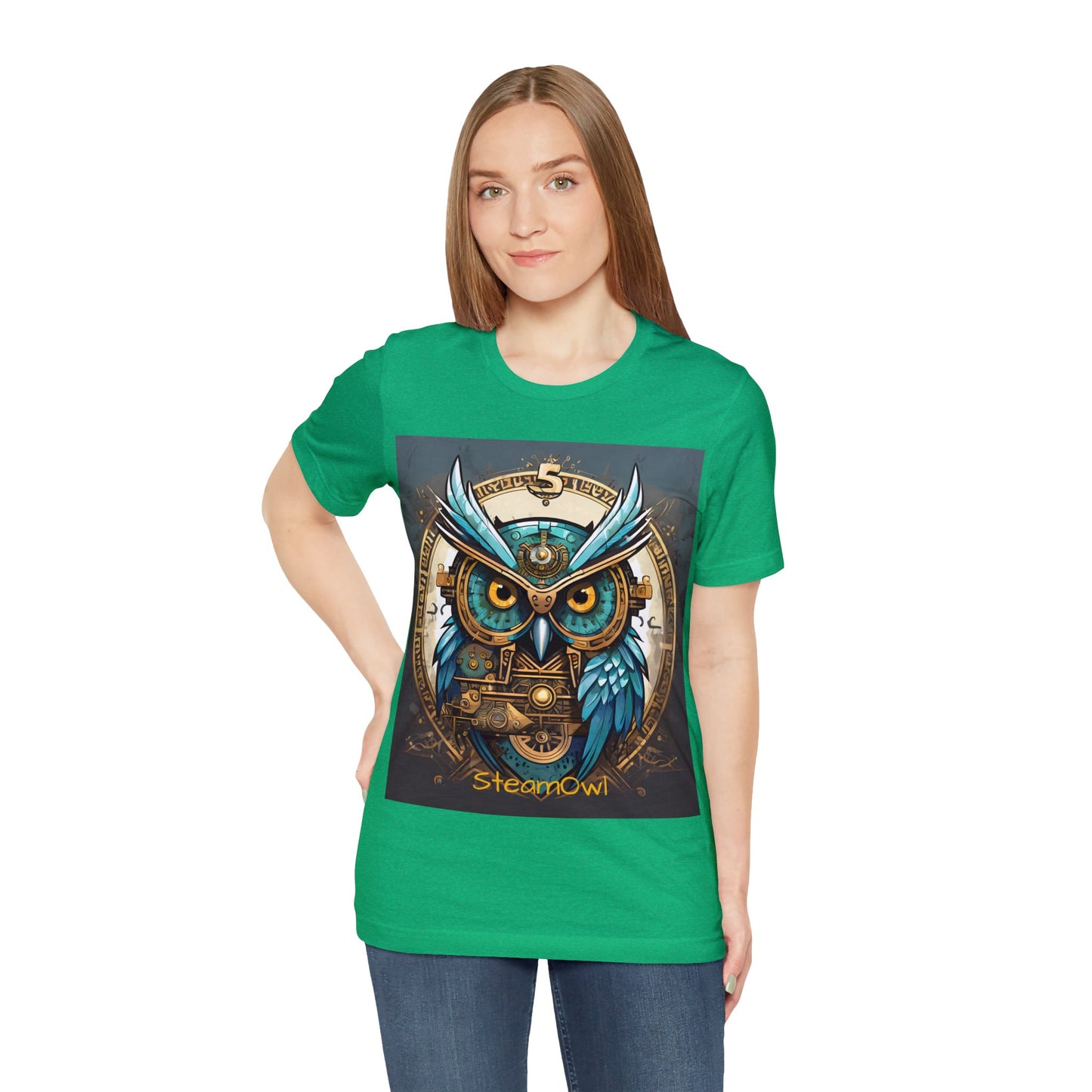 Unisex adult Jersey Short Sleeve Tee Steampunk Owl Mechanical Feathers Attire t shirt