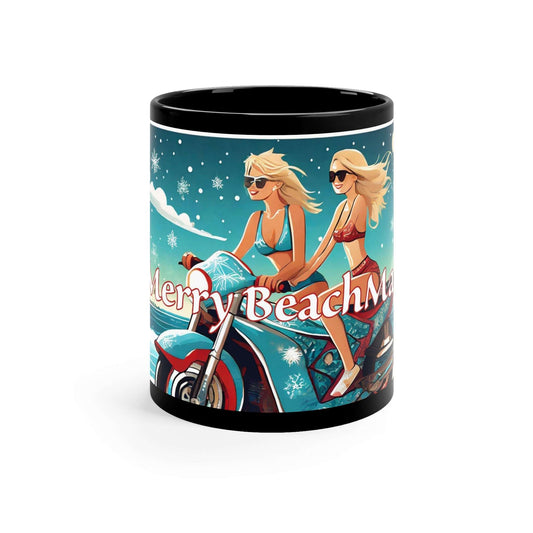 Introducing the Merry Beach Mas on a Motorcycle 11oz Black Ceramic Mug